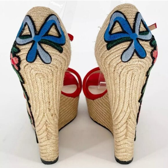 Gucci Red Suede Floral Embroidered Espadrille Wedge Platform Sandal EU 40.5 - Picture 5 of 11
